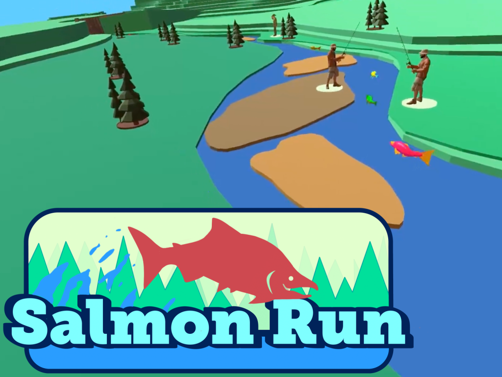 Logo of Salmon Run game. Depicts a red salmon leaping out of the water over the words Salmon Run with evergreen trees and a spash of water in the background. The logo is superimposed over a screen image from the game showing salmon swimming upstream with two anglers on the shore.